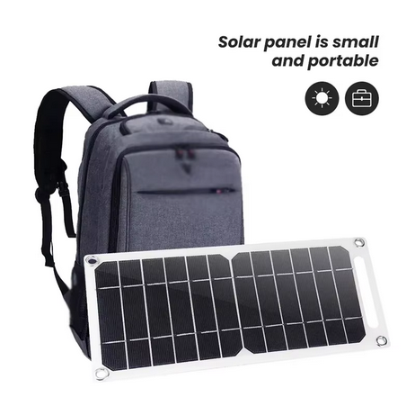 Portable panel next to backpack showing travel size